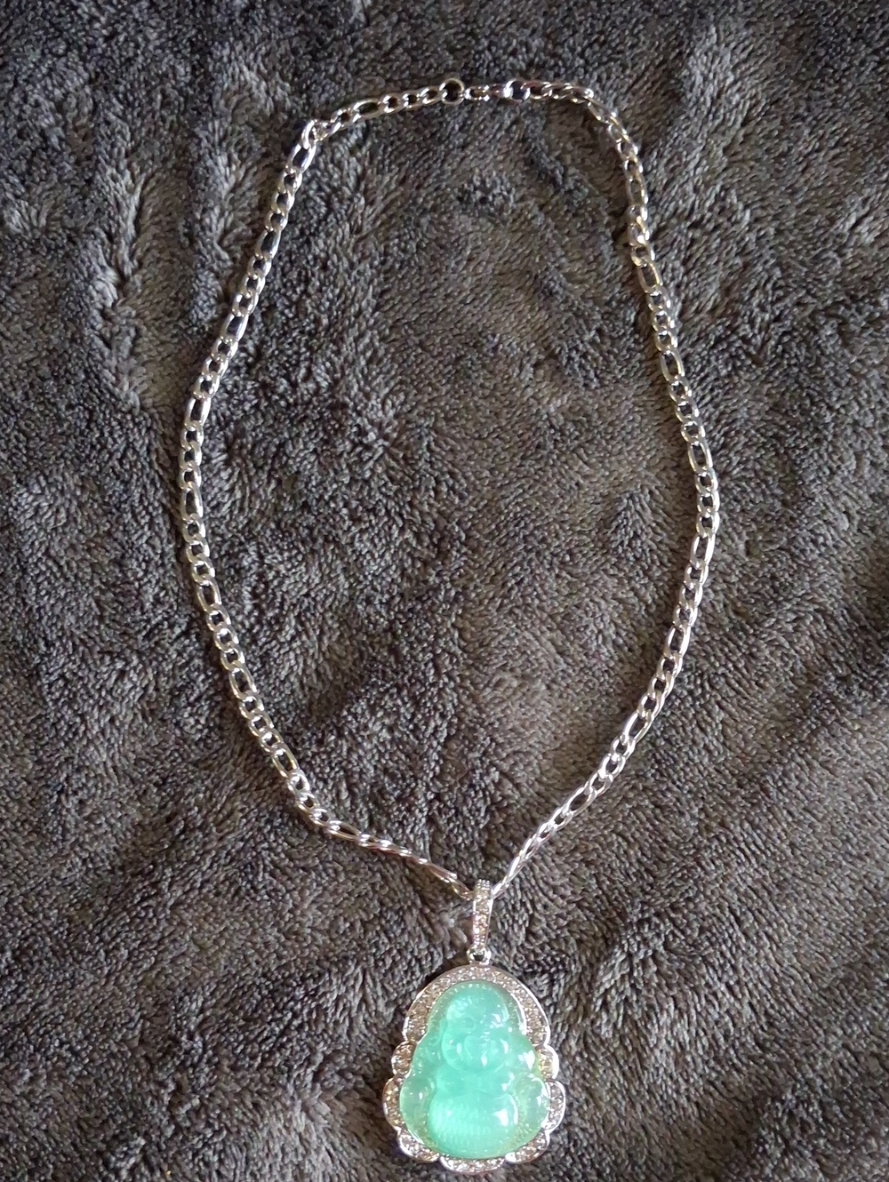 Silver Chain Necklace with Green Jade Buddha Pendant - Women Jewelry